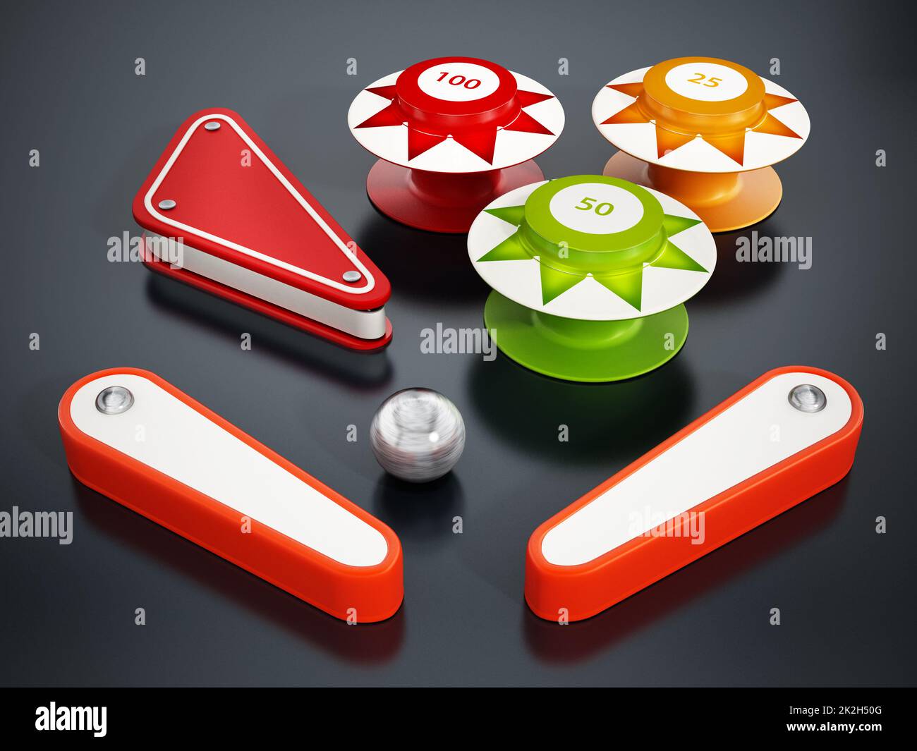 Pinball bumpers, flippers and metal ball on black background. 3D illustration Stock Photo