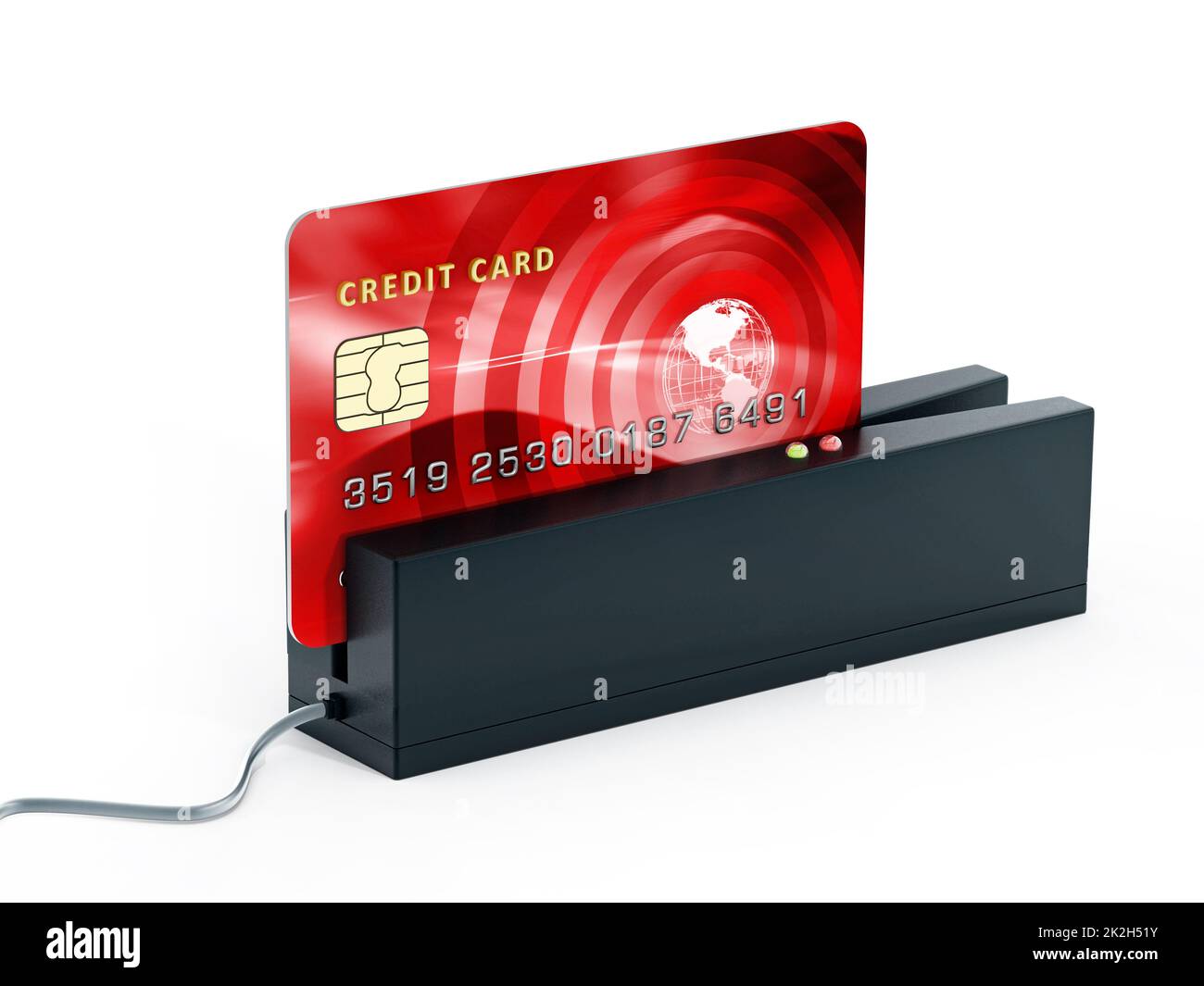 Red credit card on POS terminal. 3D illustration Stock Photo