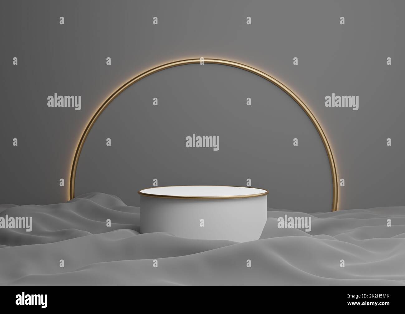 Dark graphite gray, black and white 3D rendering luxurious product display podium or stand minimal composition with golden arch line in background and light Stock Photo