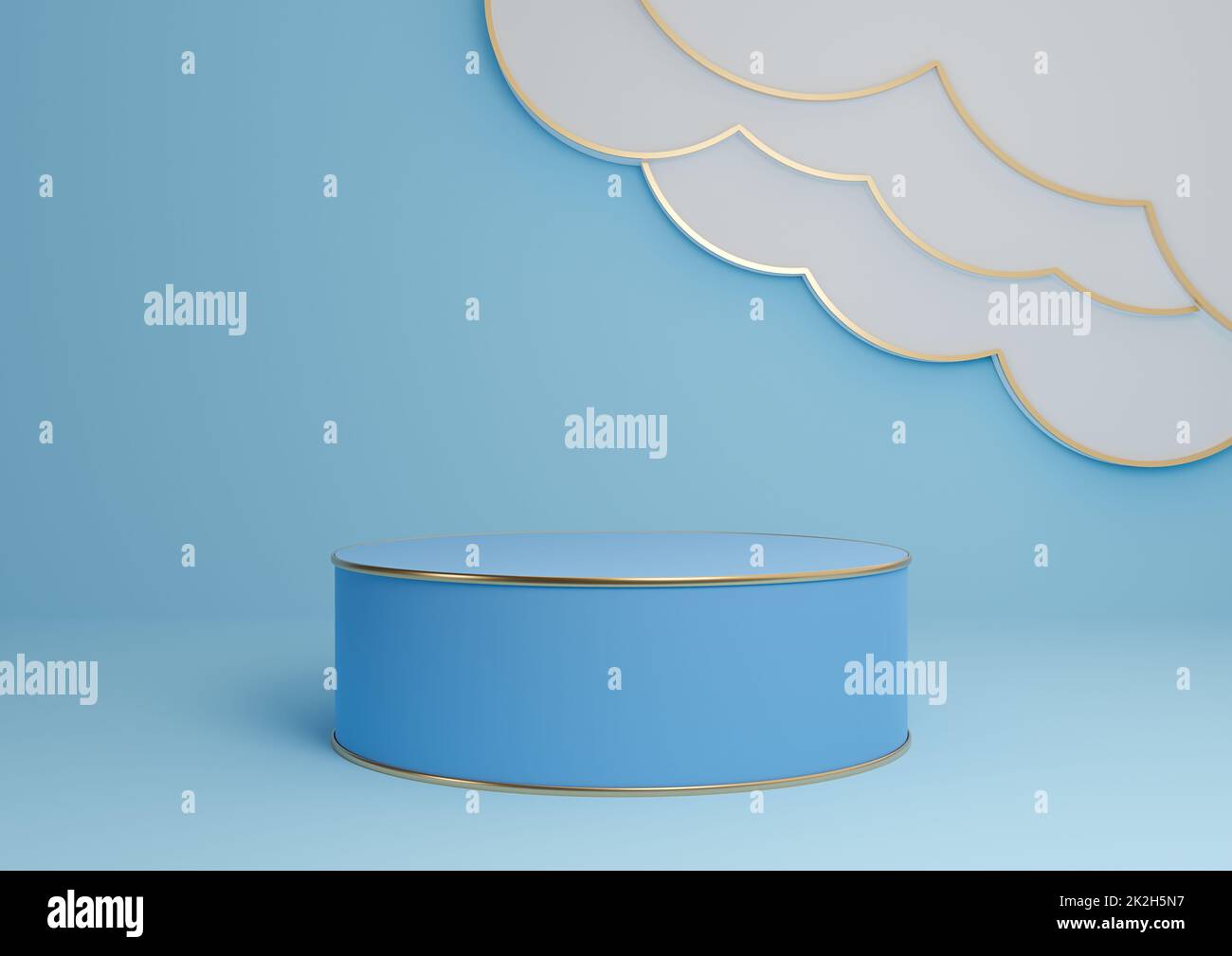 Bright, light sky blue 3D rendering product display podium or stand with abstract clouds and golden lines luxurious minimal, simple composition background cylinder platform Stock Photo