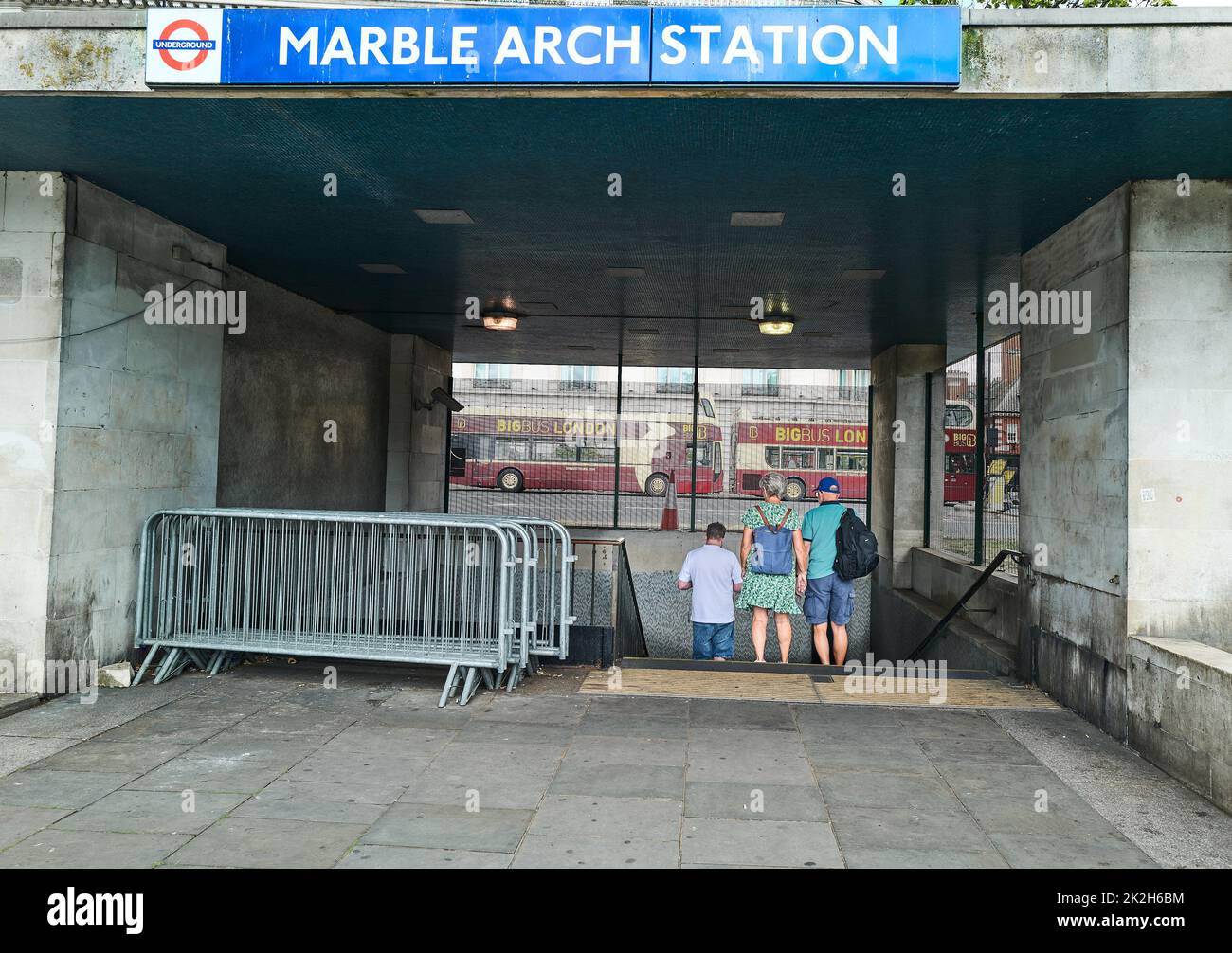 Marble Arch underground station entrance, at the junction of Park Lane and Oxford Street, London, England. Stock Photo