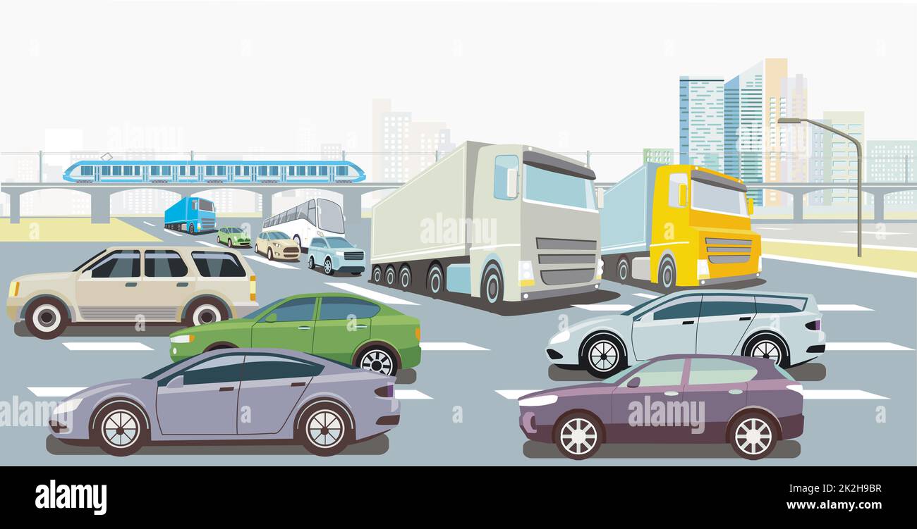 Cars on the road crossing, illustration Stock Photo - Alamy