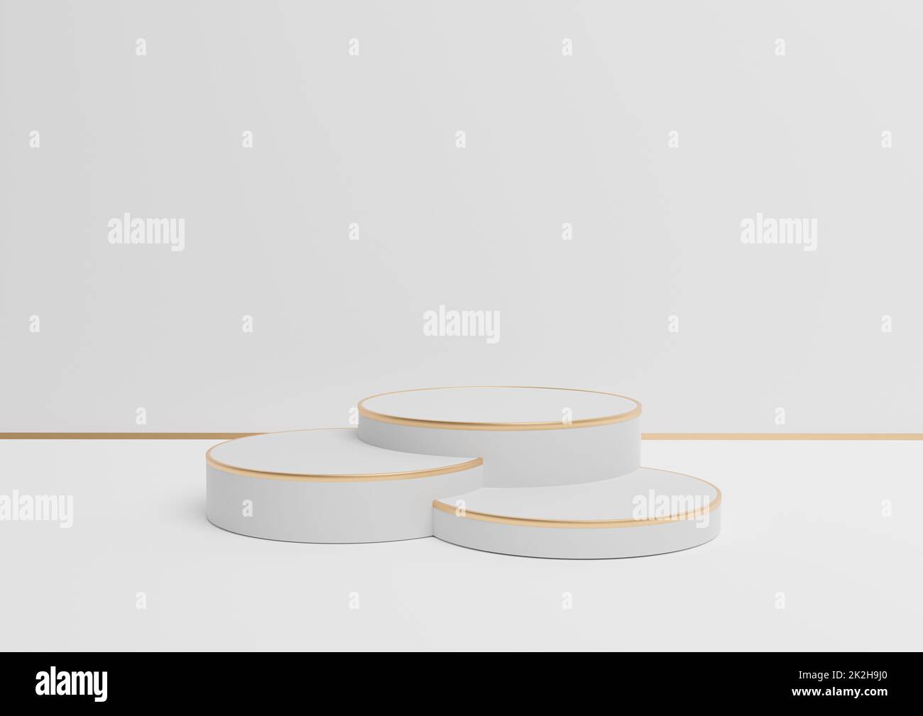 White, light gray, black and white 3D rendering simple product display with three podiums or stand with golden line minimal background composition for luxurious products Stock Photo