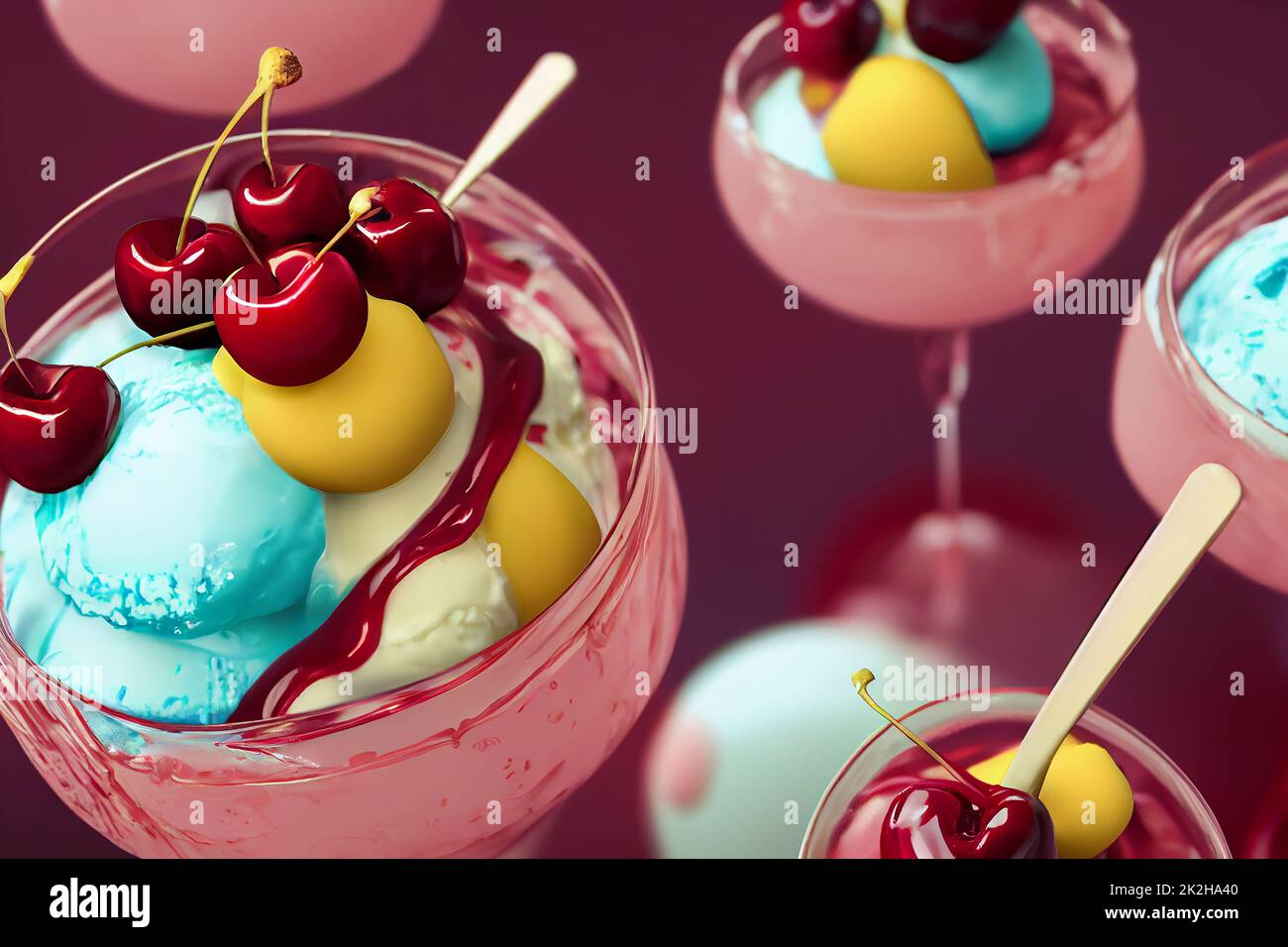 Delicious ice cream sundae with glistening cherries and chocolate syrup in a bowl, food photography and illustration Stock Photo
