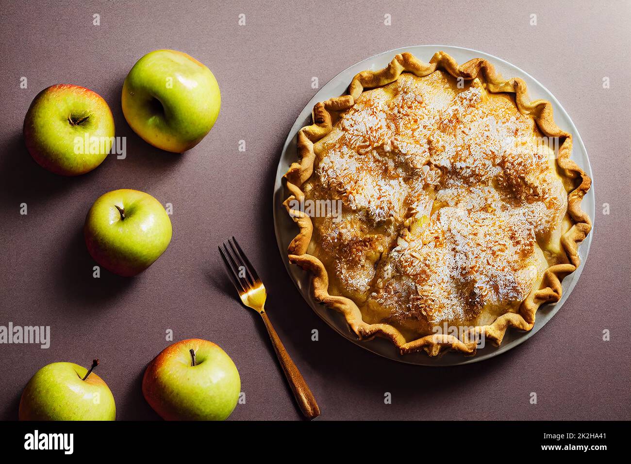 Sweet apple pie with golden crust fresh apples and decor on the table, gray background, dramatic lighting, food photography and illustration Stock Photo