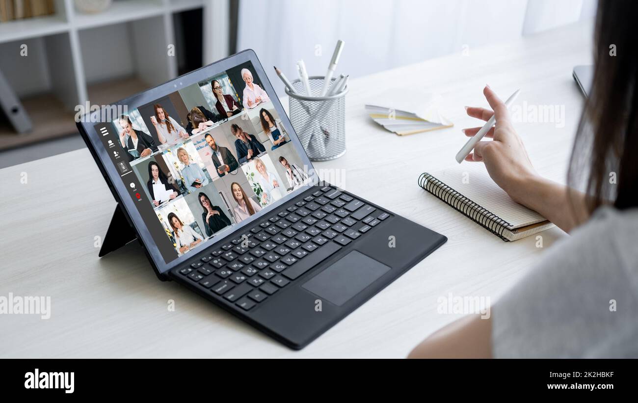 Distance Employee Web conference. Group video call. Distance communication. Female ...
