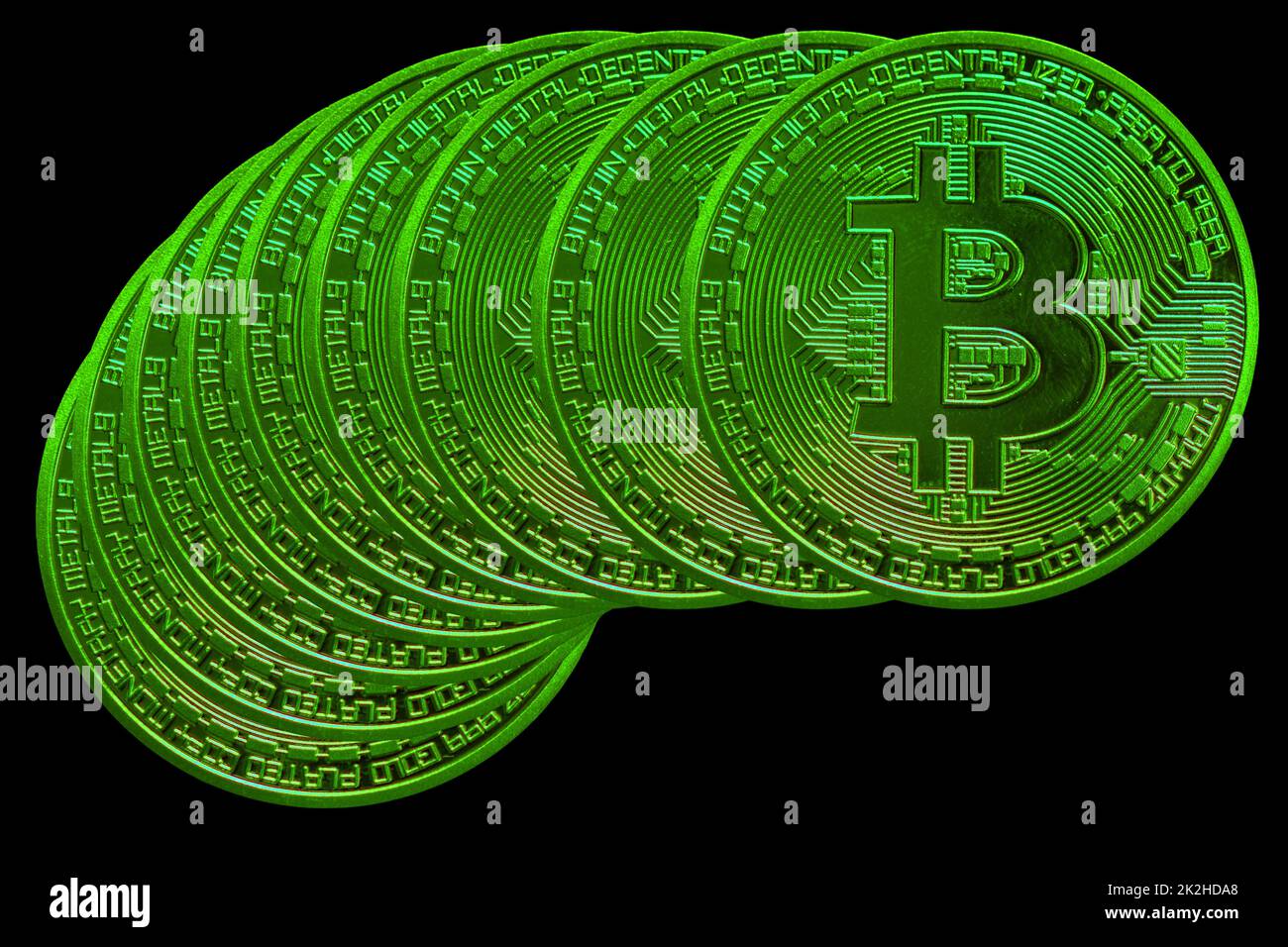 lot of green bitcoin from crypto currency during rising market on black back Stock Photo