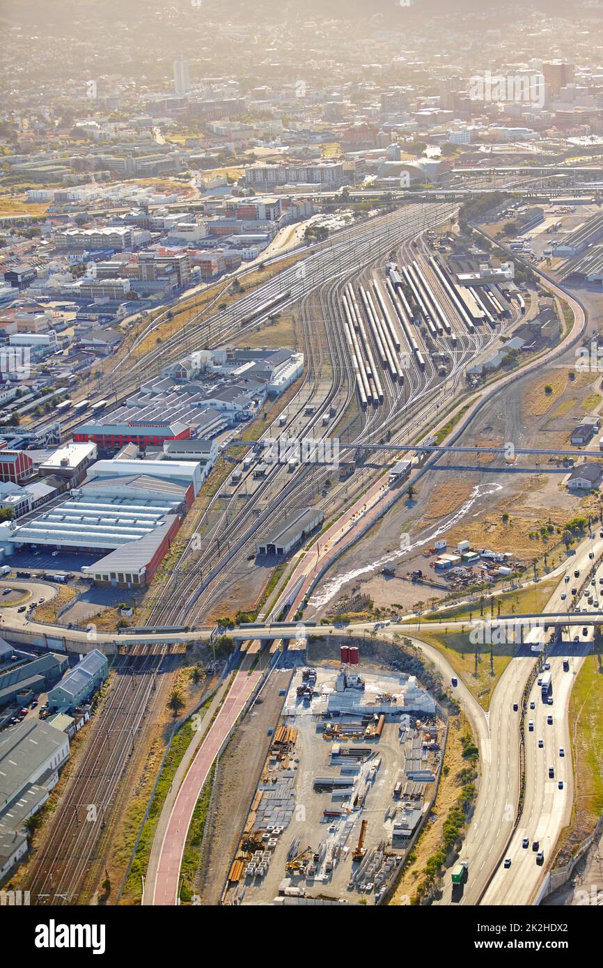 Urban transportation hub. Aerial shot of a busy rail transportation hub. Stock Photo