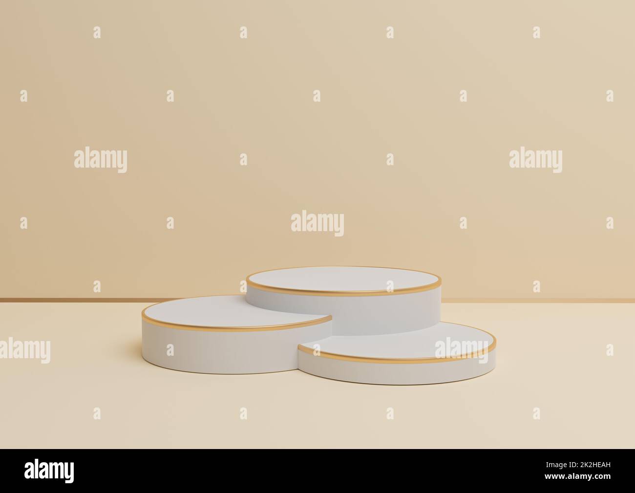 Light beige, pastel orange 3D rendering simple product display with three podiums or stand with golden line minimal background composition for luxurious products Stock Photo