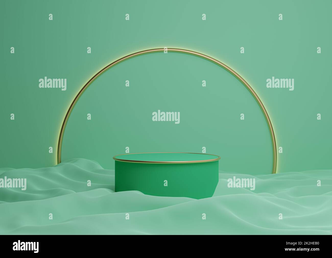 Bright turquoise green 3D rendering luxurious product display podium or stand minimal composition with golden arch line in background and light Stock Photo