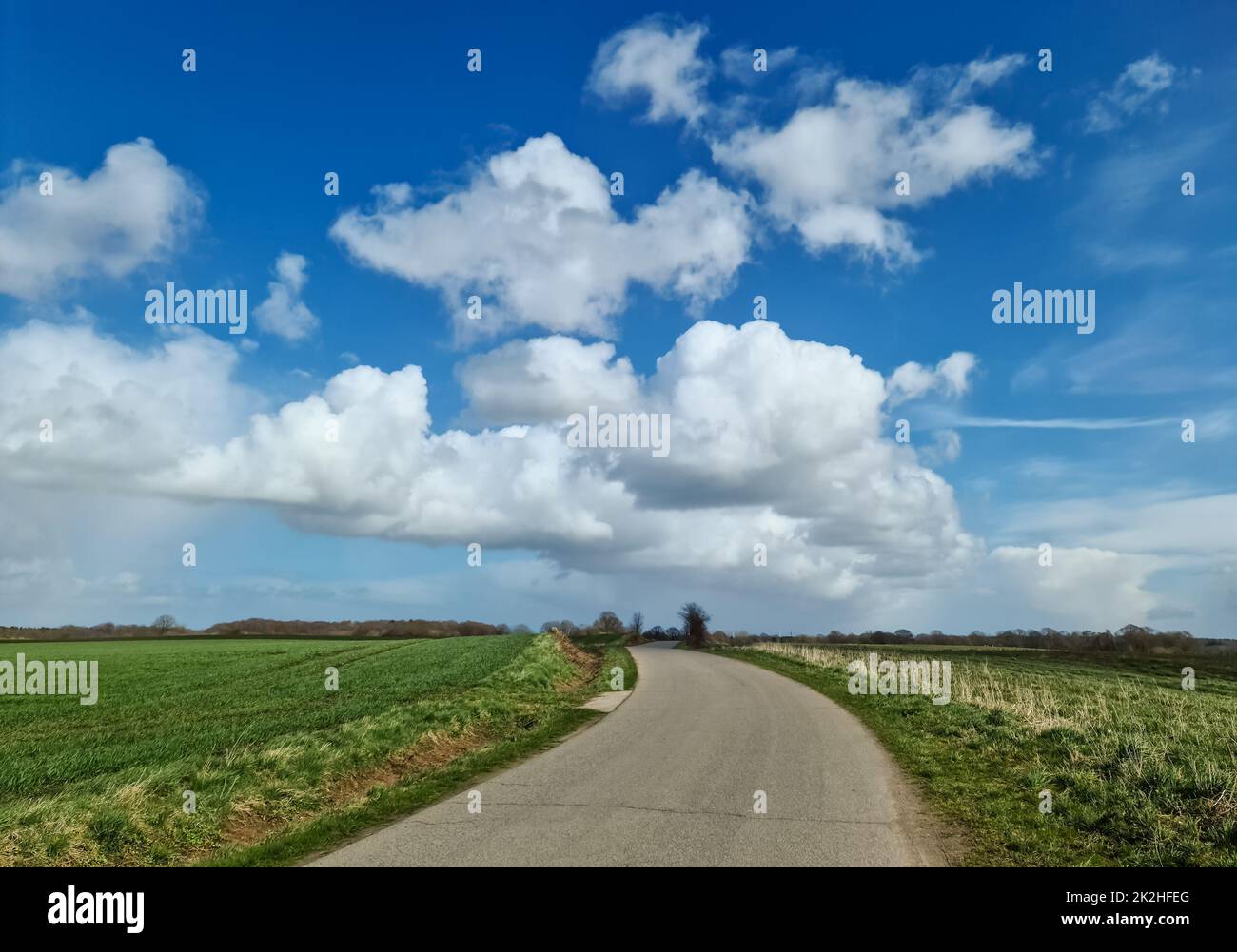 Panorama of a northern european country landscape with fields and green grass Stock Photo