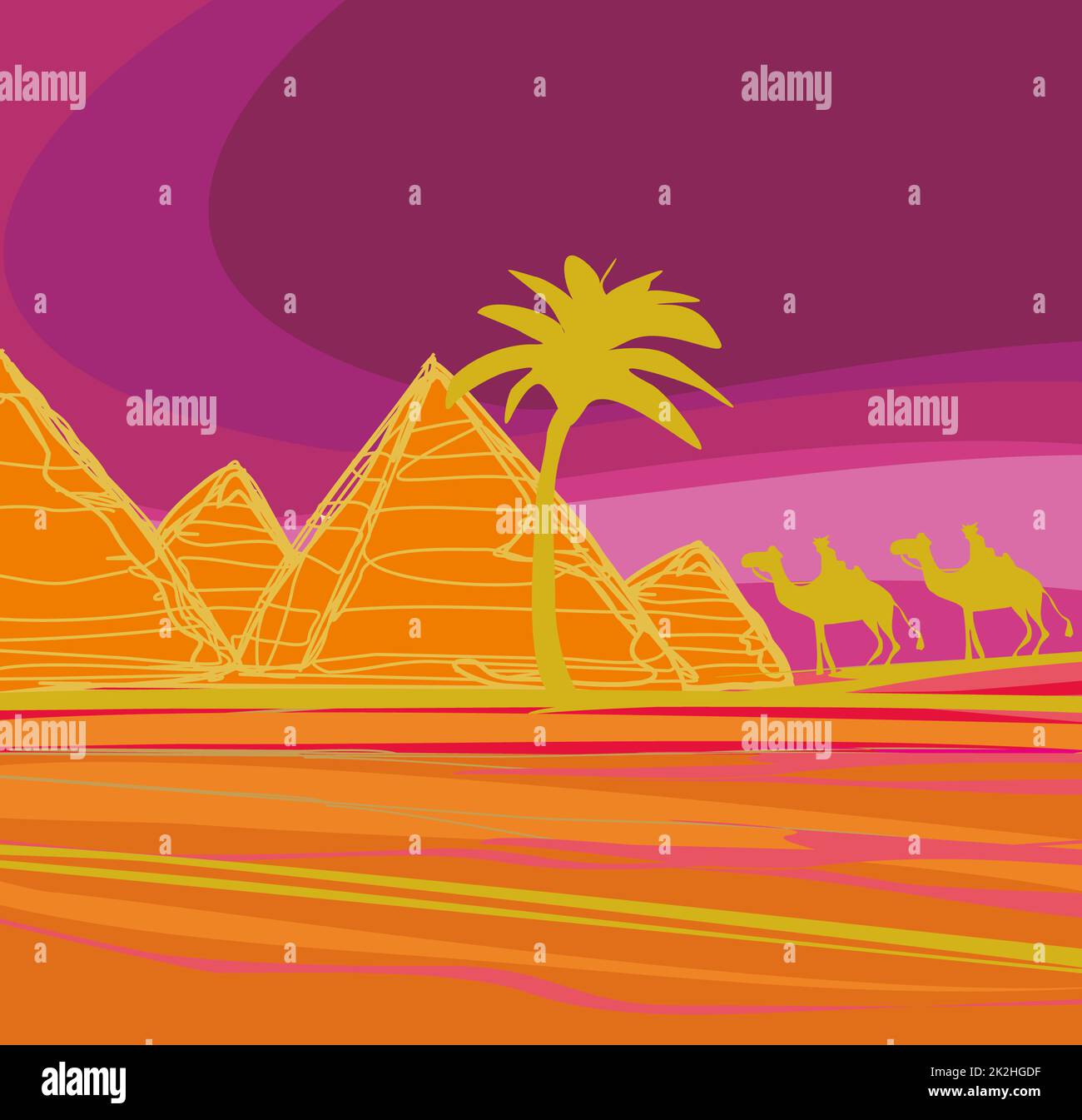 Bedouin camel caravan in wild africa landscape illustration Stock Photo