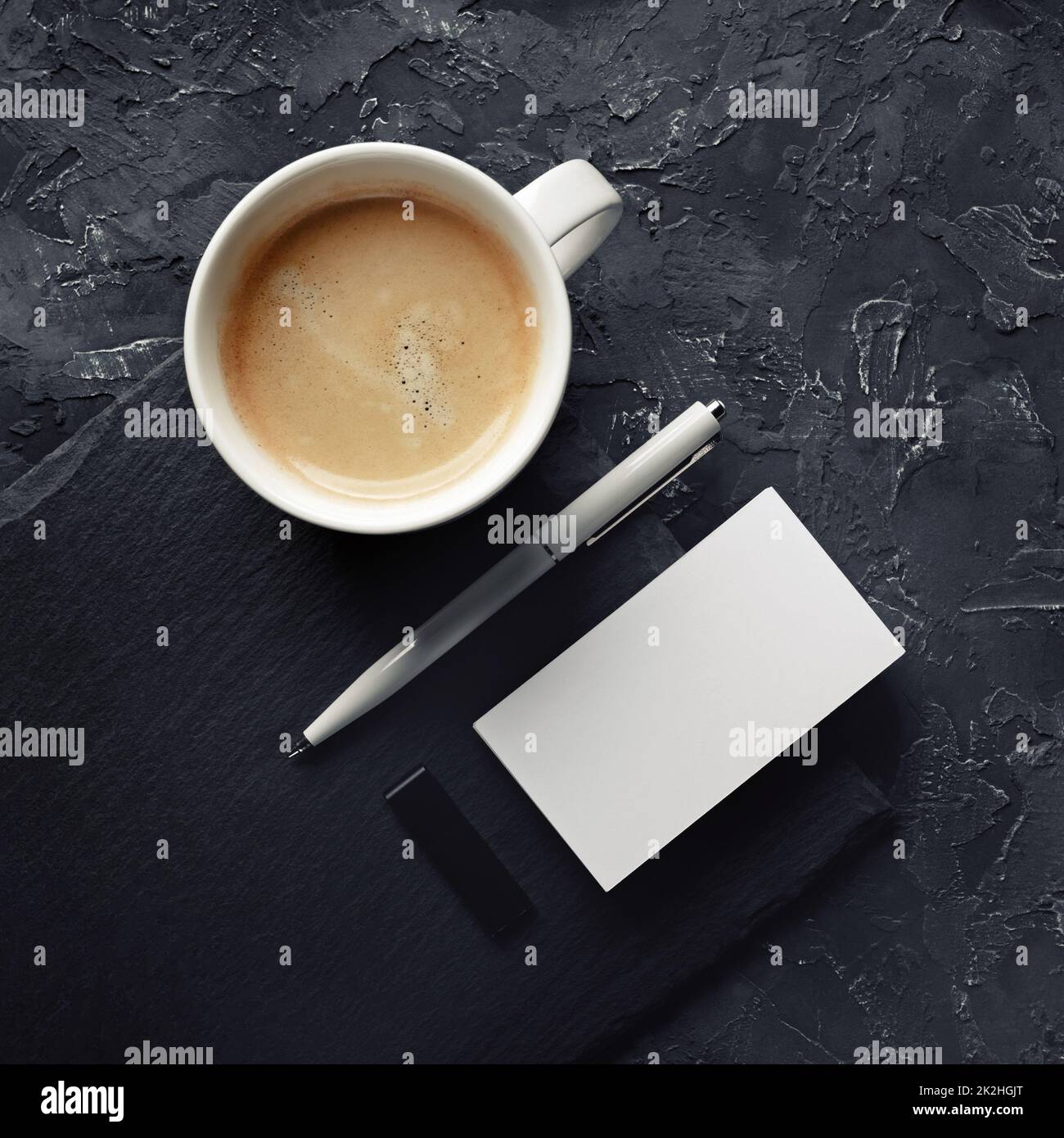 Business card, coffee, pen, flash drive Stock Photo