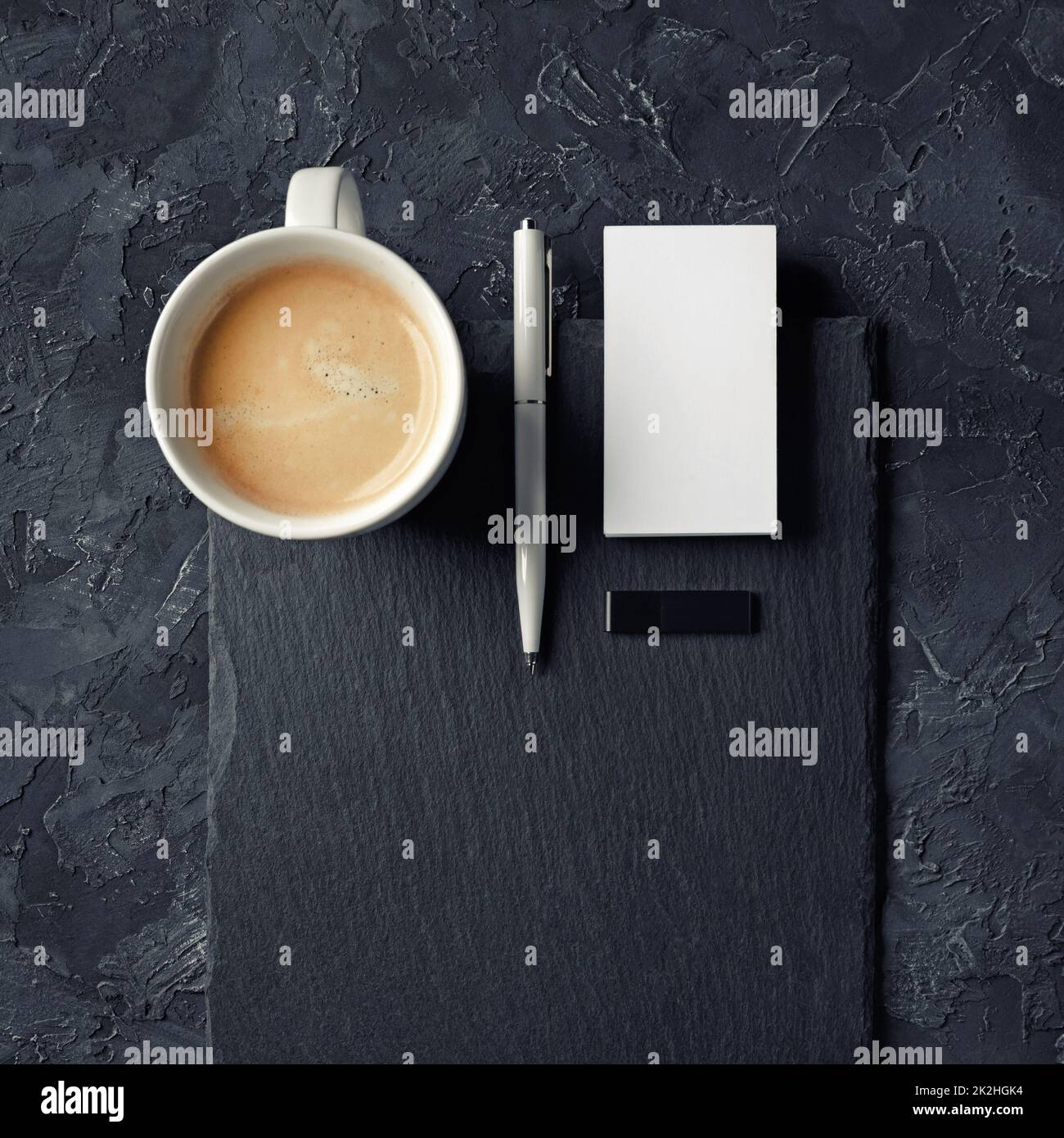 Business card, coffee, pen, flash drive Stock Photo