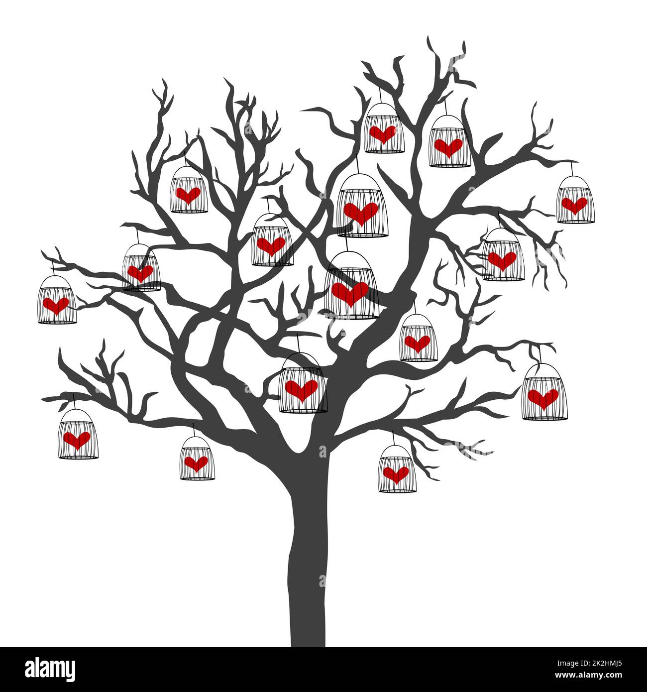 Abstract illustration of a tree with bird cages that have hearts closed