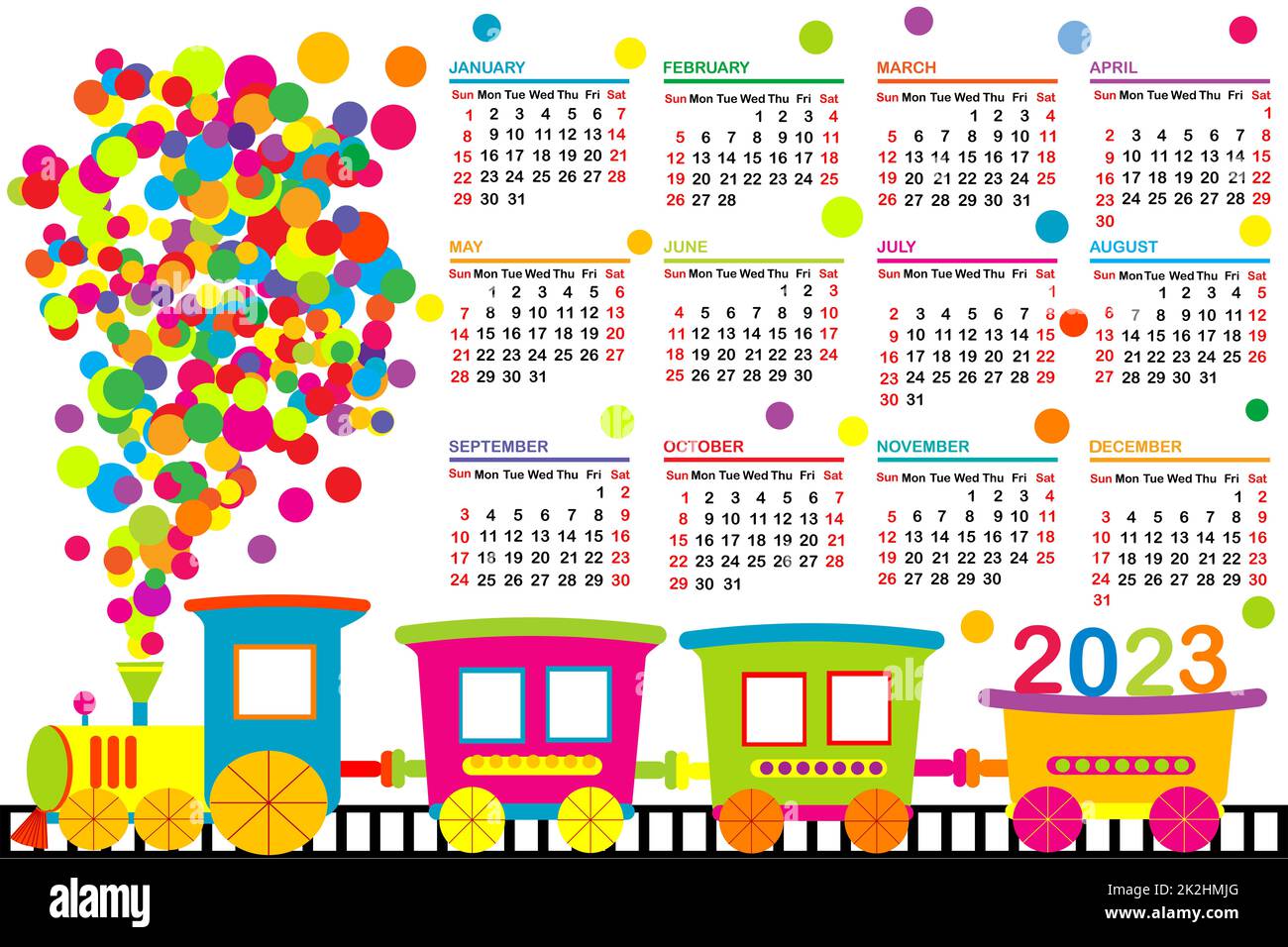 2023 calendar with train for kids Stock Photo