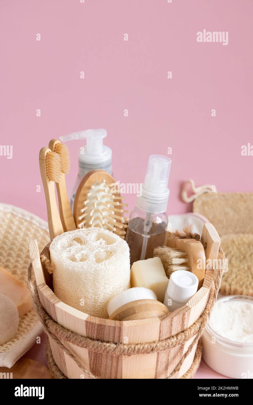 Sauna bucket with organic natural cosmetics and reusable accessories