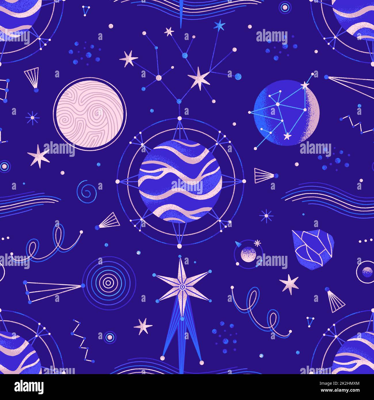 Mysterious space seamless patterns of planets, stars, other celestial bodies Stock Photo
