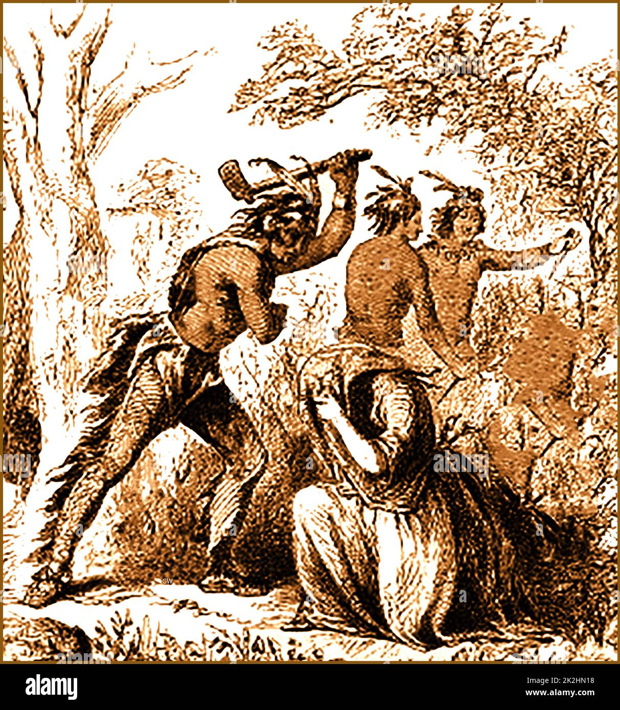 Ohio , USA - An 19th century engraving showing the  murder of Mary Saunders , a young new settler , attacked by Indian tribesmen after visiting another settlers cabin (Smith family) where she had travelled unaccompanied to visit her young female friend. Stock Photo