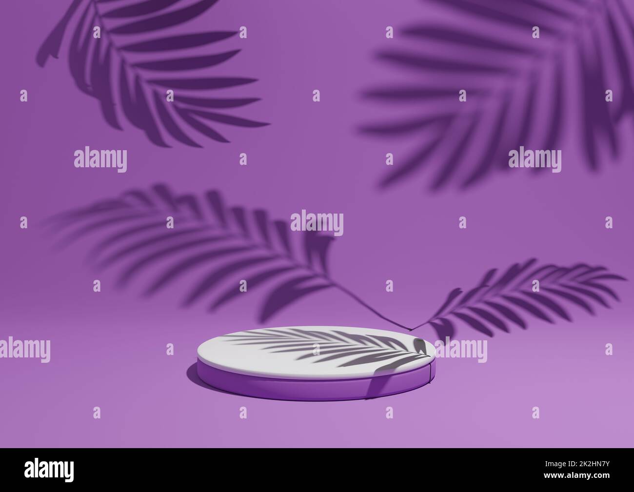 Bright purple, violet, 3D render of a simple, minimal product display composition backdrop with ont podium or stand and leaf shadows in the background for nature products. Stock Photo