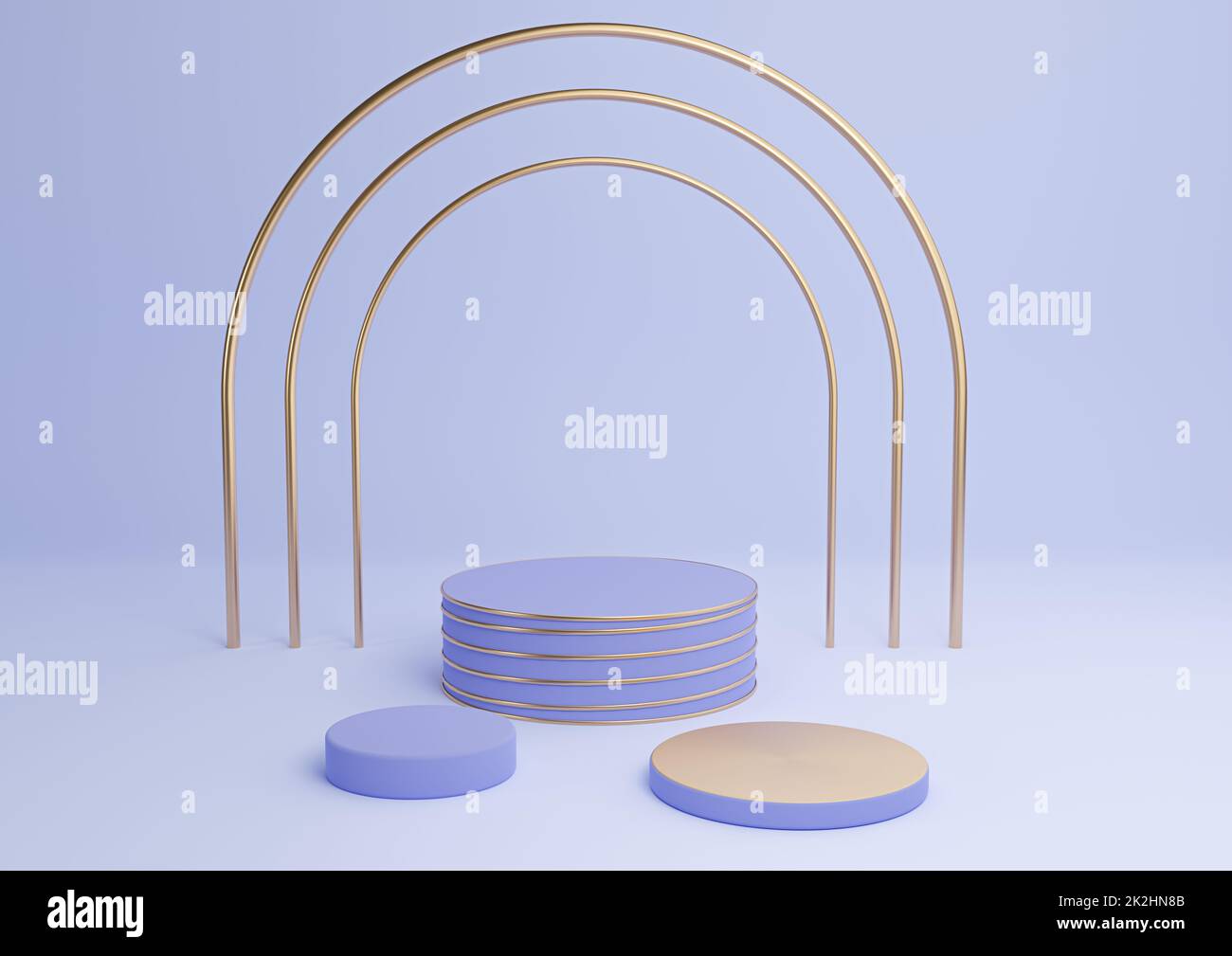 Light, pastel blue 3D rendering simple product display cylinder podiums with luxury gold arch and lines three stands minimal background abstract composition Stock Photo