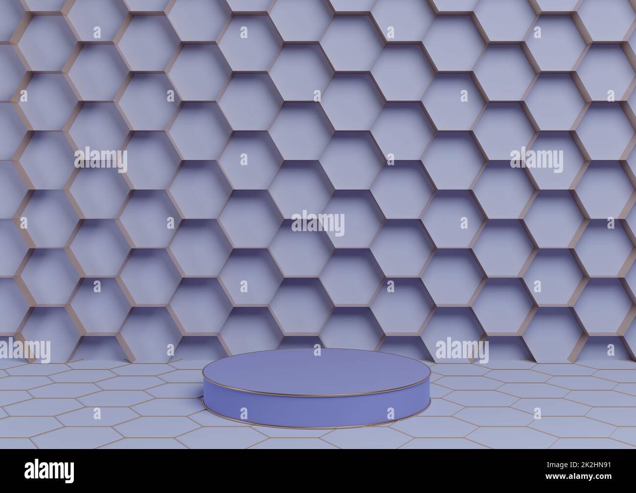 Light, pastel blue 3D rendering product display podium luxurious golden honeycomb abstract background with cylinder stand minimal, simple template for nature luxury honey products Stock Photo