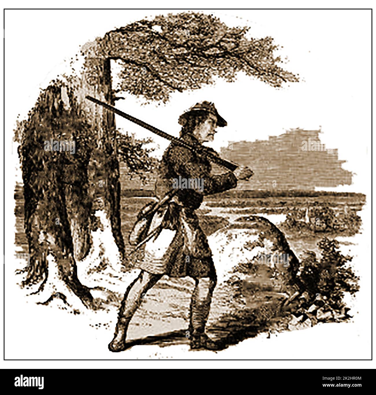 A 19th century engraving showing a typical American frontiersman  brought in to help fight in the Indian Wars against new settlers. Stock Photo