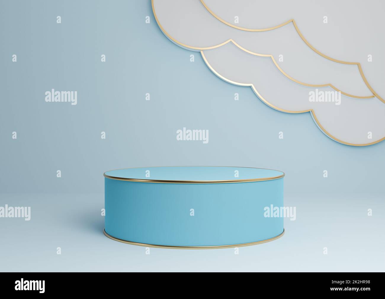 Light, pastel, baby blue 3D rendering product display podium or stand with abstract clouds and golden lines luxurious minimal, simple composition background cylinder platform Stock Photo