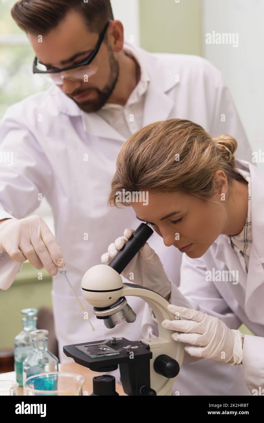 Two scientist colleagues are using microscope during research in Stock