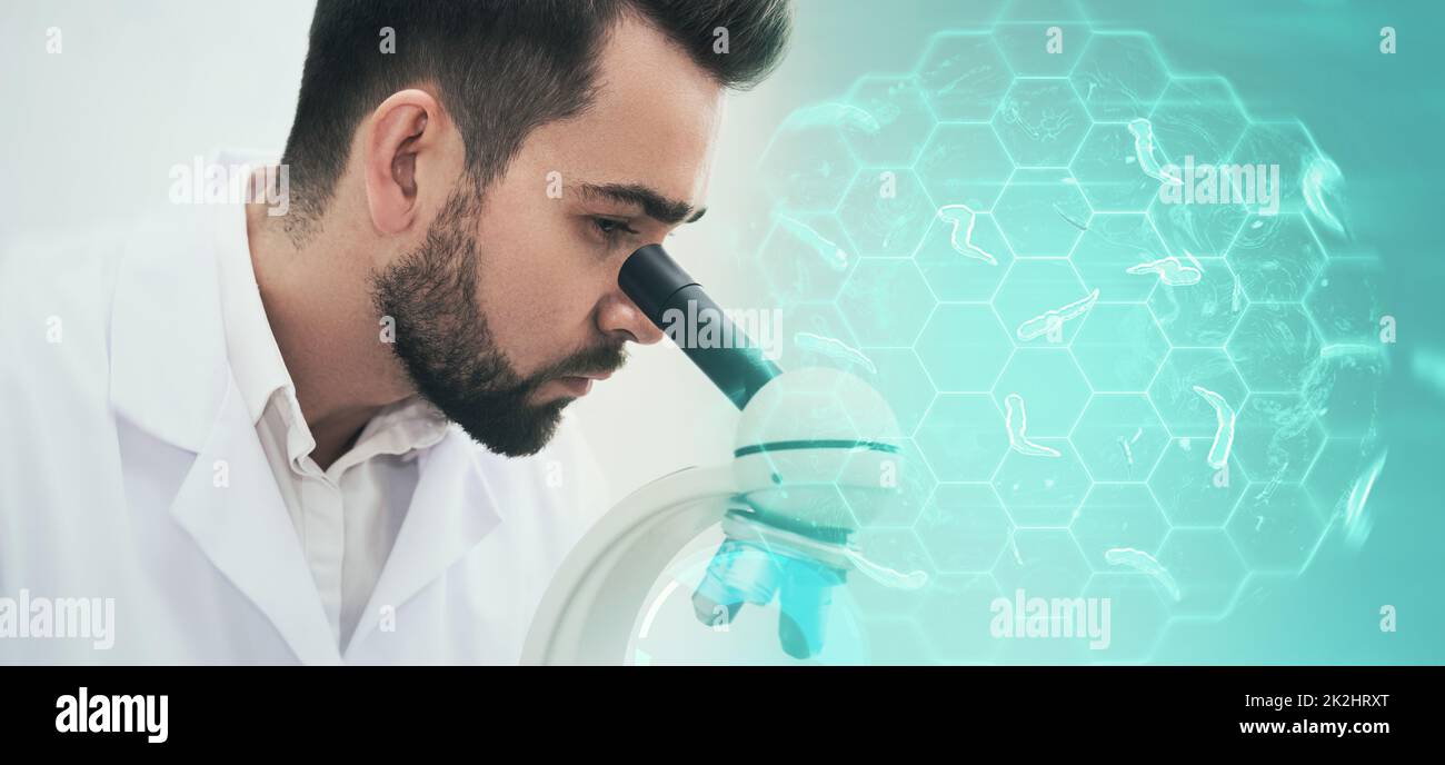Scientist is using microscopes to inspect cells affected by a new virus. Stock Photo