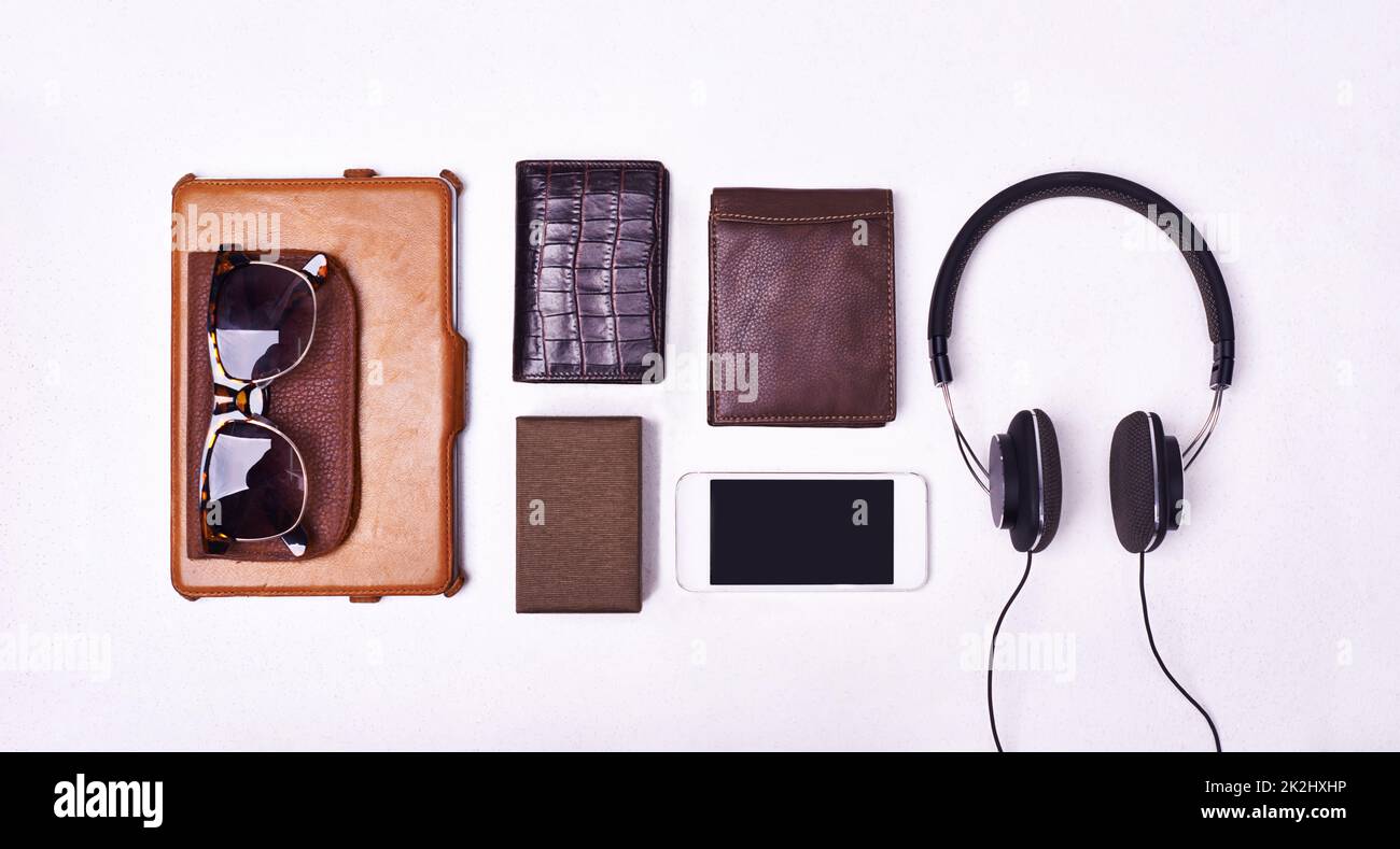 A must for the modern man. High angle shot of personal accessories. Stock Photo