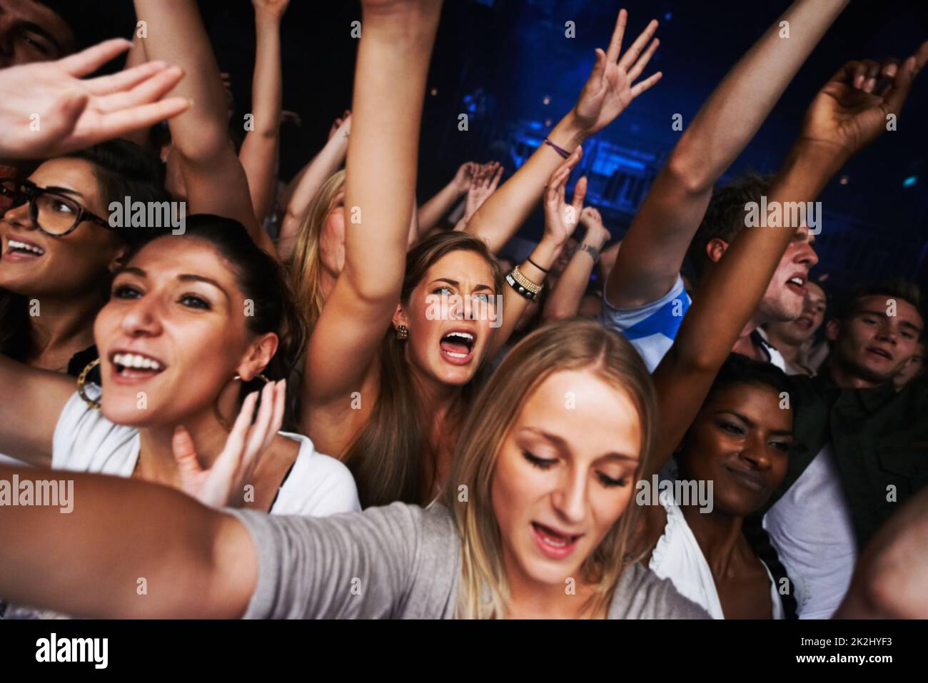 Golden circle. Attractive female fans enjoying a concert- This concert was created for the sole purpose of this photo shoot, featuring 300 models and 3 live bands. All people in this shoot are model released. Stock Photo
