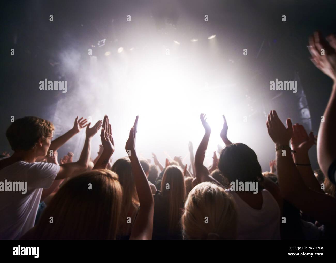 Satisfying their adoring fans. Rear-view of a crowd cheering at a concert- This concert was created for the sole purpose of this photo shoot, featuring 300 models and 3 live bands. All people in this shoot are model released. Stock Photo