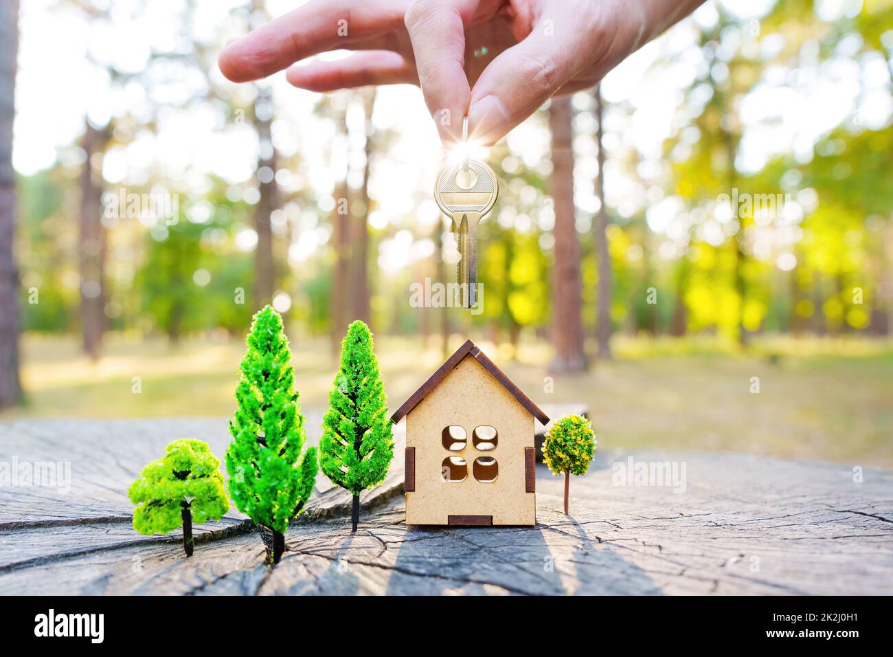 Sparkling house key in hand above a miniature woods cabin setup placed on a large tree stump with a fall forest background. Stock Photo