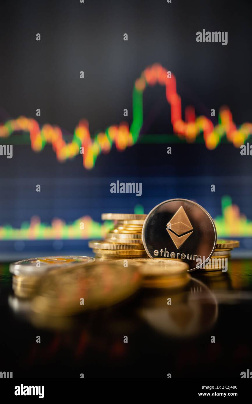 Silver Ethereum with candle stick graph chart and digital background