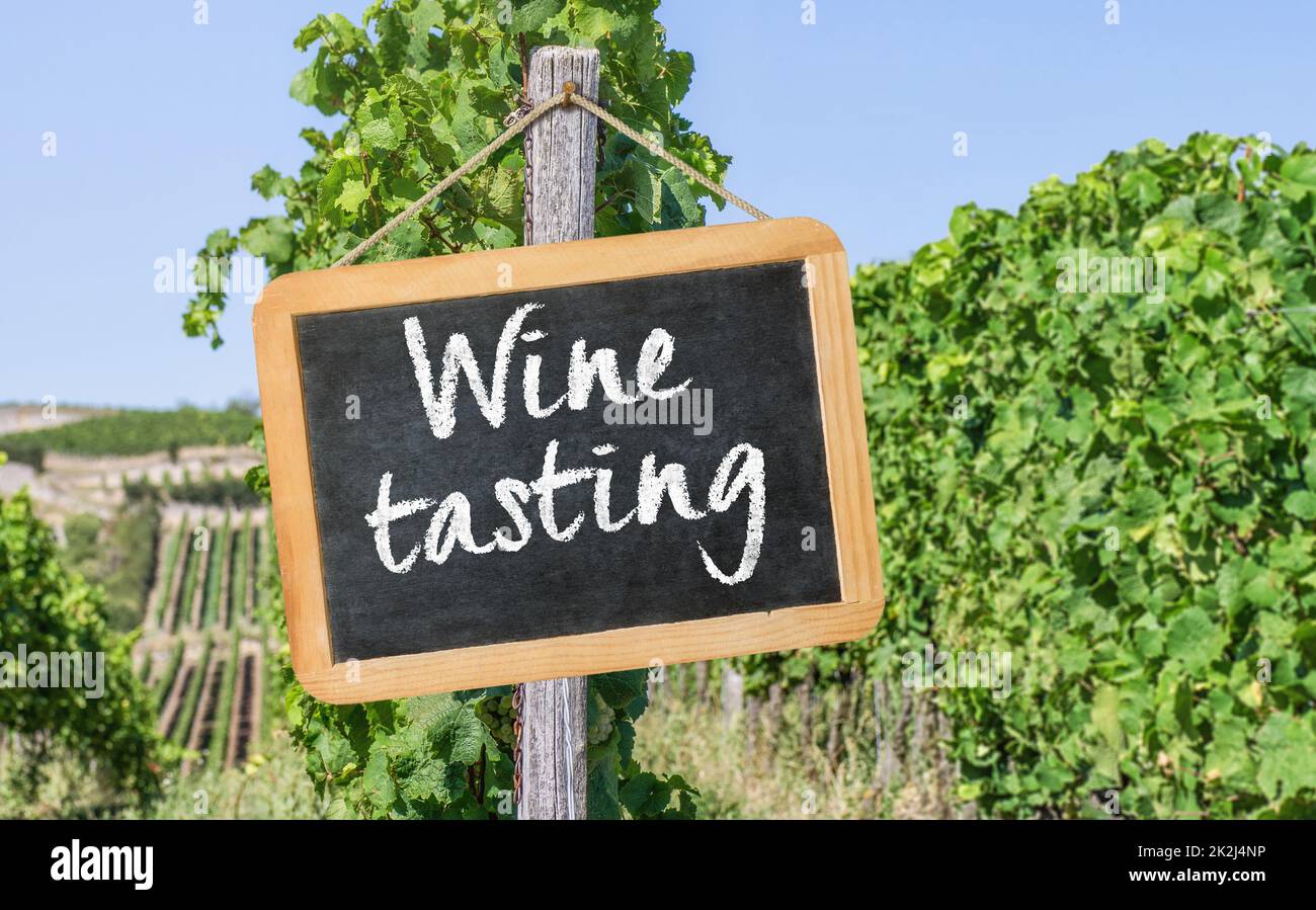 A Blackboard in the vineyards - Wine tasting Stock Photo