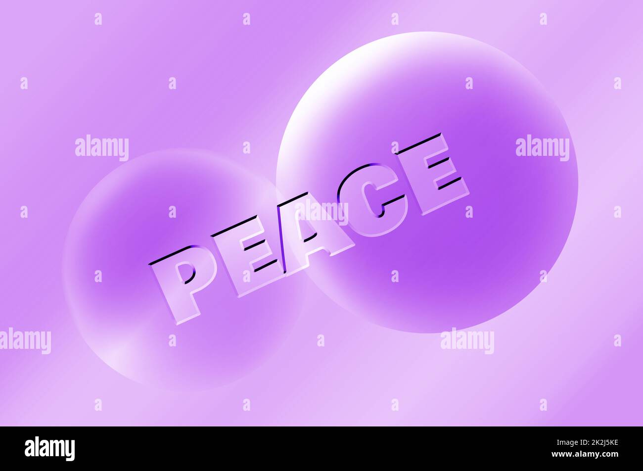 Illustration of Gradient Pastel Purple 3D Various Size Spheres with the Word of PEACE Stock Photo