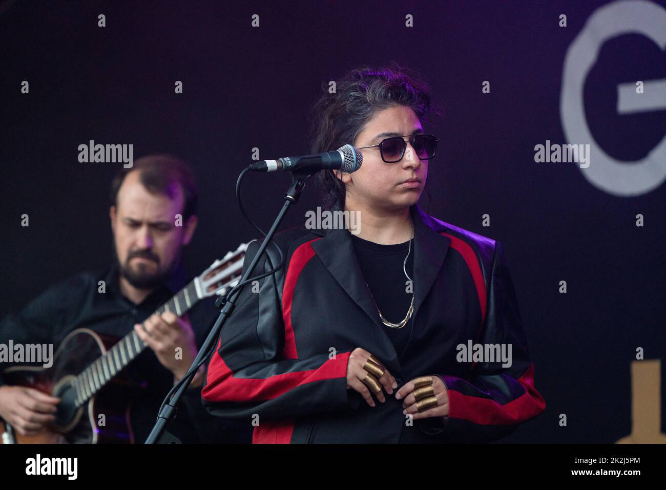 Grammy winner Arooj Aftab plays the Walled Garden Stage at the Green Man 2022 music festival in Wales, UK. Photo: Rob Watkins/Alamy Stock Photo