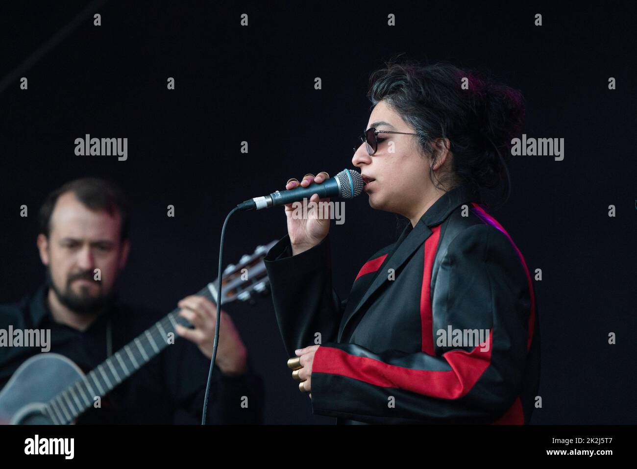Grammy winner Arooj Aftab plays the Walled Garden Stage at the Green Man 2022 music festival in Wales, UK. Photo: Rob Watkins/Alamy Stock Photo