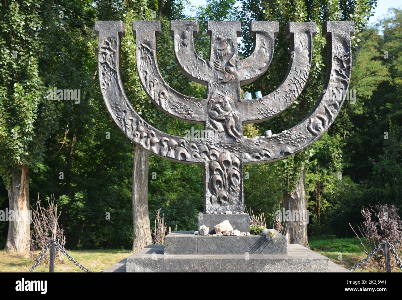 A menorah memorial dedicated to jewish people executed in 1941 in Babi Yar in Kiev by German forces. Holocaust. Stock Photo