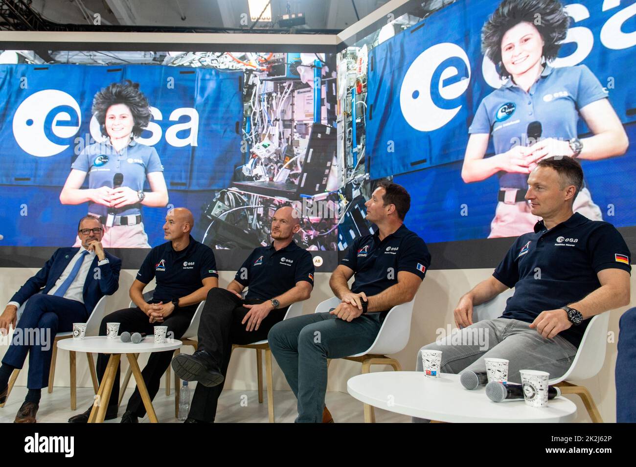 European Space Agency's astronauts Germany's Alexander Gerst (C), France's Thomas Pesquet (2ndR), Italy's Luca Parmitano (L) and Germany's Matthias Maurer (R) take part in a video conference with Italian astronaut Samantha Cristoforetti speaking from the International Space Station (ISS) during the 73rd International Astronautical Congress, held at the Paris Convention Centre in Paris, on September 21, 2022. Photo by Quentin Veuillet/ABACAPRESS.COM Stock Photo