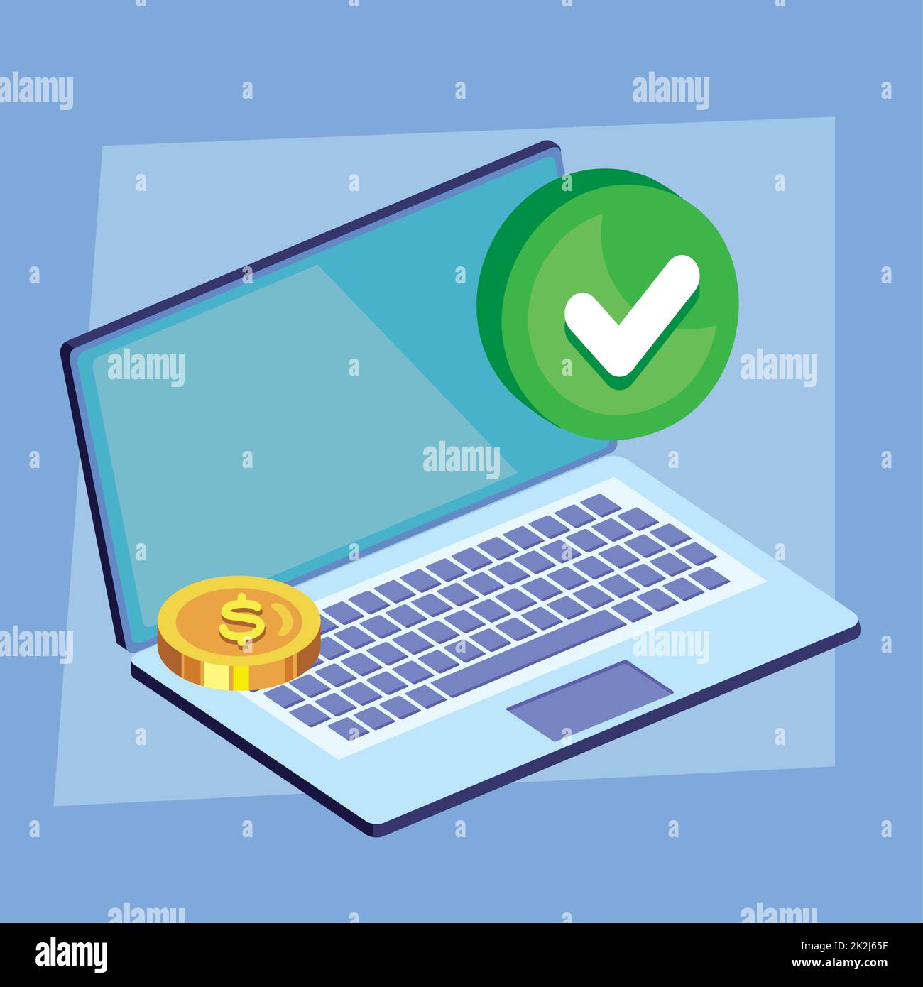 laptop with coin and check Stock Vector