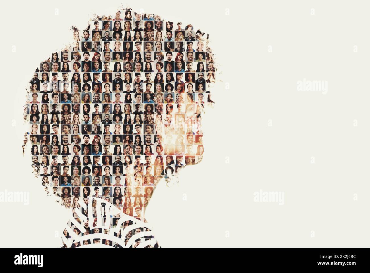 Together we make one. Composite image of a diverse group of people superimposed on a woman's profile. Stock Photo