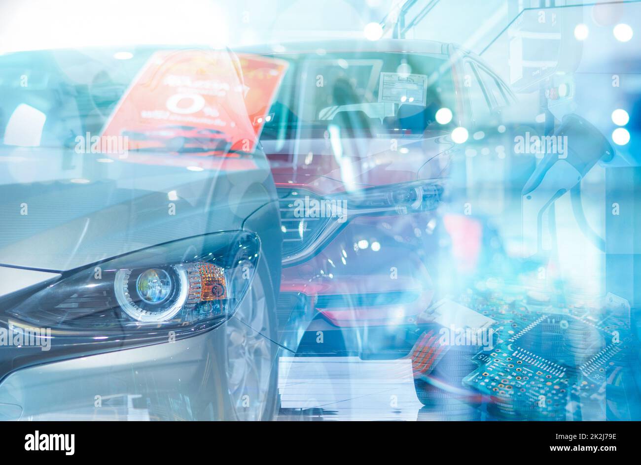 New EV car parked in showroom and electric car charging station for charge electric vehicle. EV charger. Commercial electric car charger. EV car dealer concept. Charging point. Sustainable transport. Stock Photo