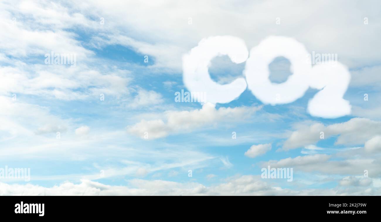CO2 symbol on blue sky and white clouds. CO2 emissions. Greenhouse gas. Carbon dioxide gas global air climate pollution. Environment issue. Background for carbon capture and storage technology. Stock Photo