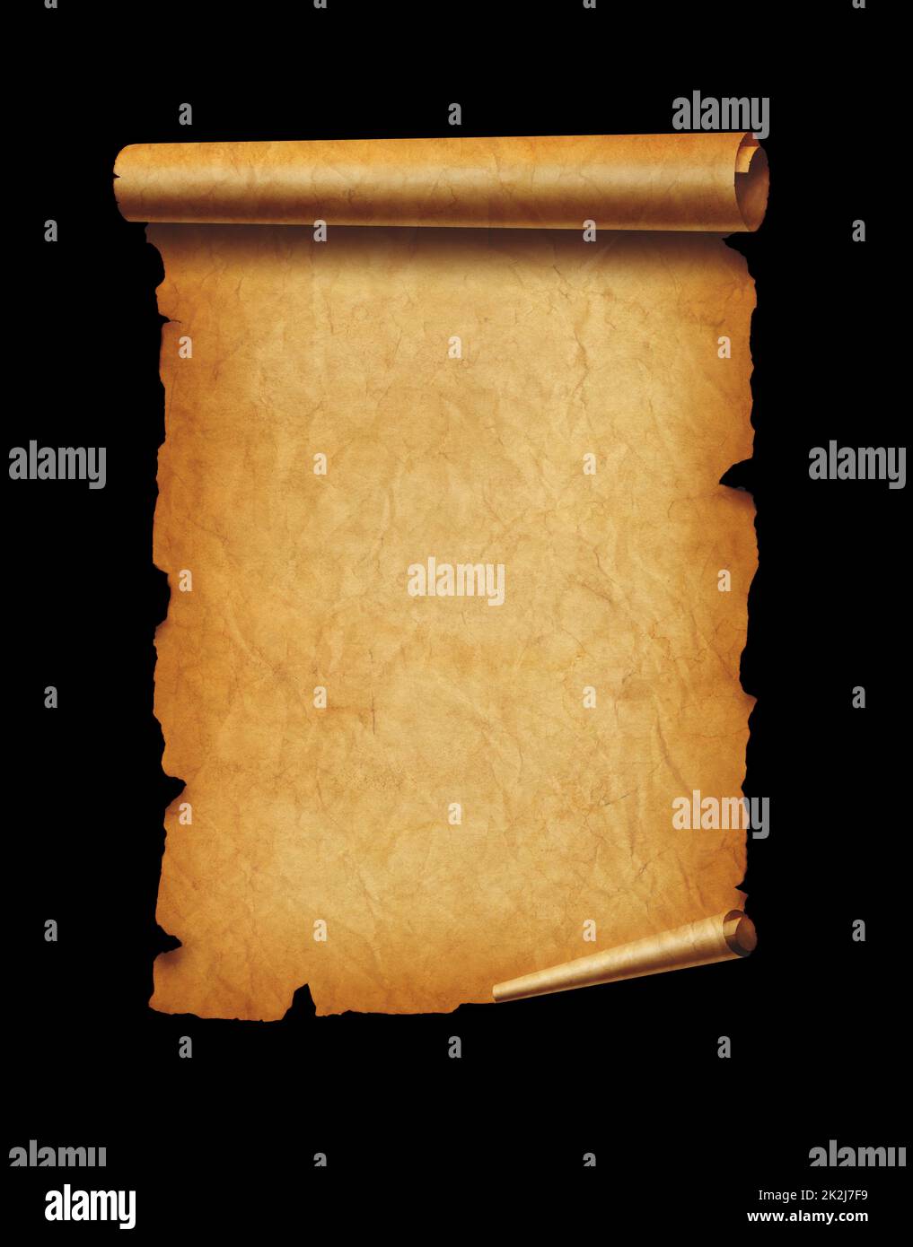 Old mediaeval paper sheet. Parchment scroll isolated on black Stock Photo