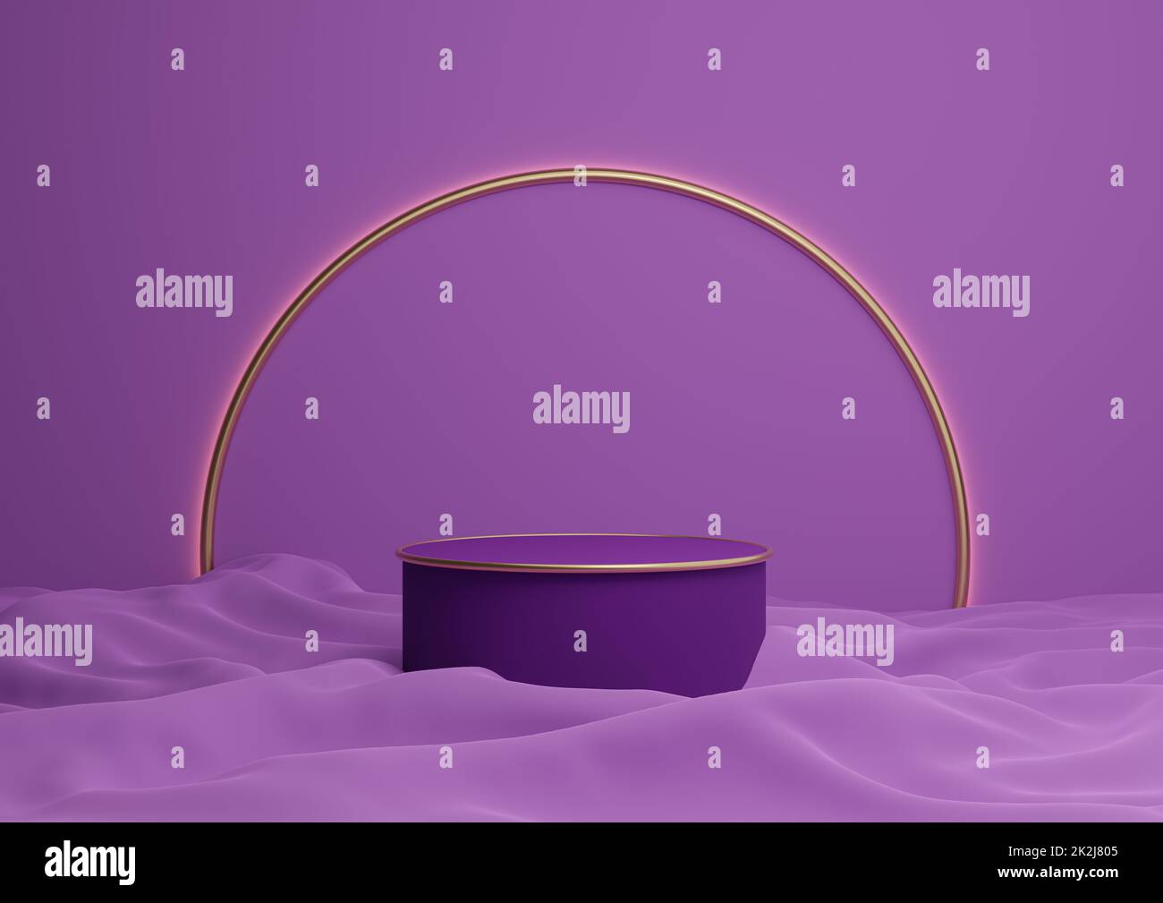Bright purple, violet 3D rendering luxurious product display podium or stand minimal composition with golden arch line in background and light Stock Photo