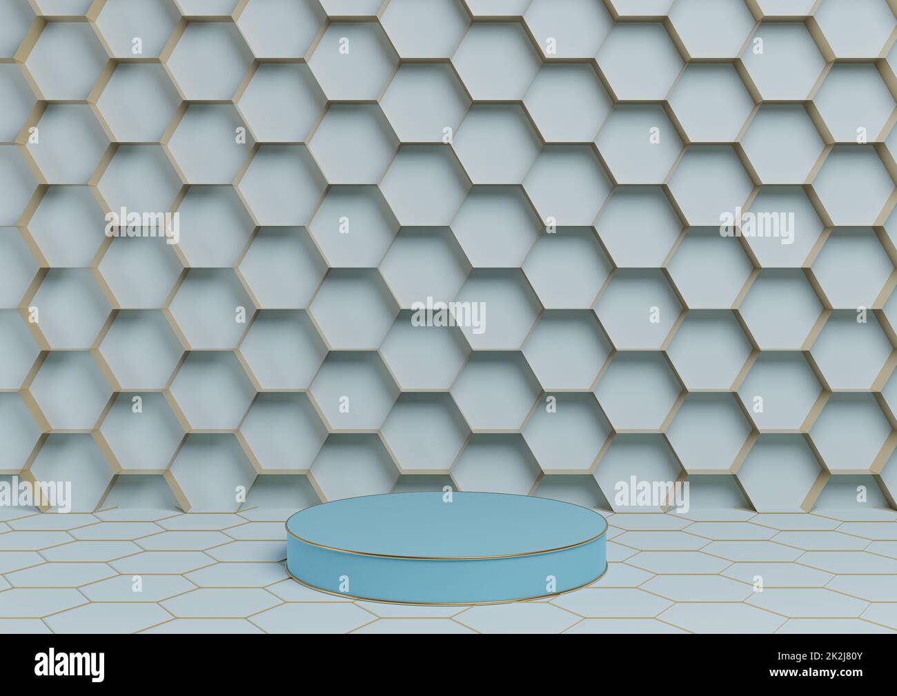 Light, pastel, baby blue 3D rendering product display podium luxurious golden honeycomb abstract background with cylinder stand minimal, simple template for nature luxury honey products Stock Photo