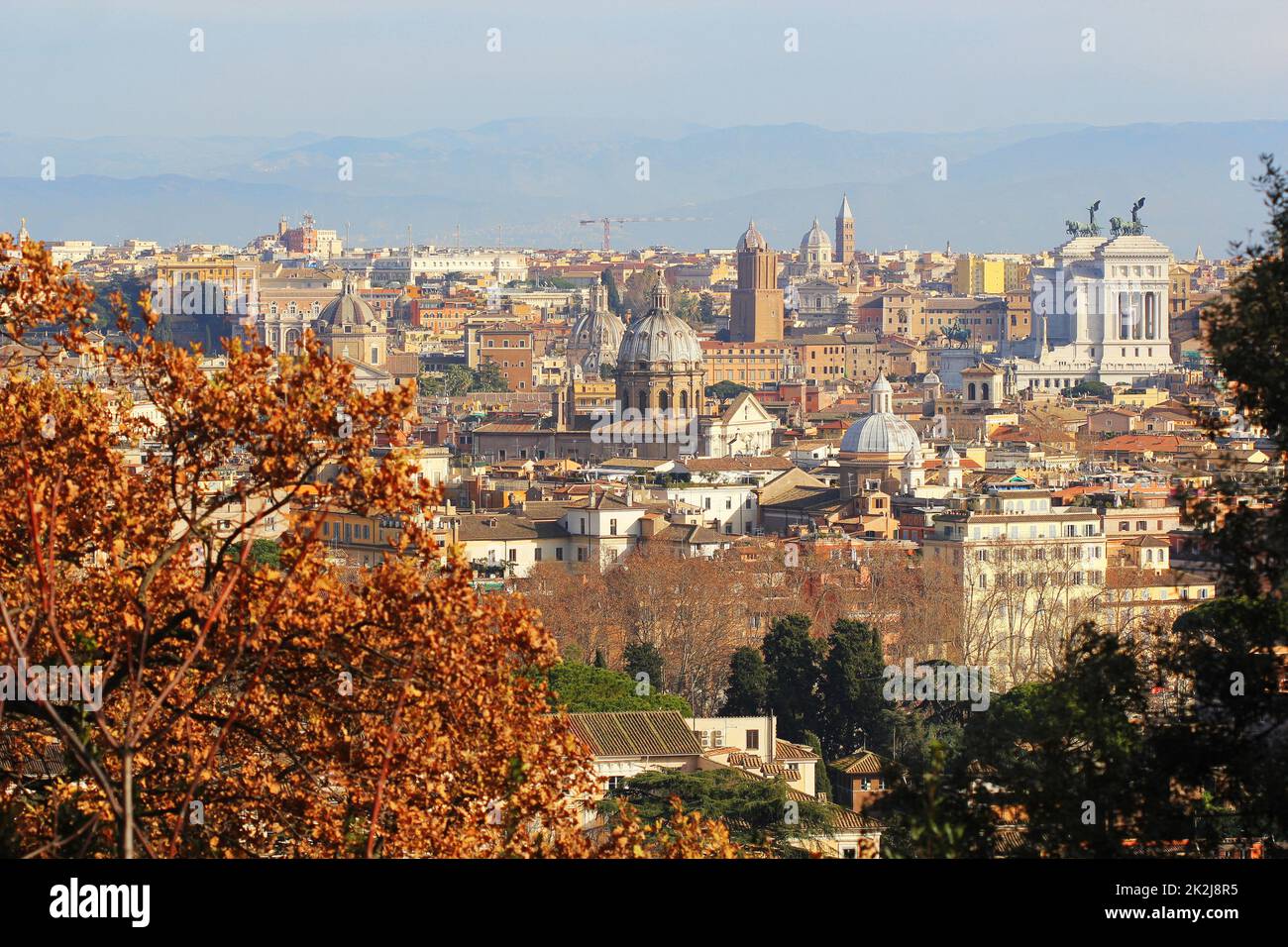 Rome (Italy) - The view of the city from Janiculum hill and terrace, with Vittoriano, TrinitÃ  dei Monti church and Quirinale palace. Stock Photo