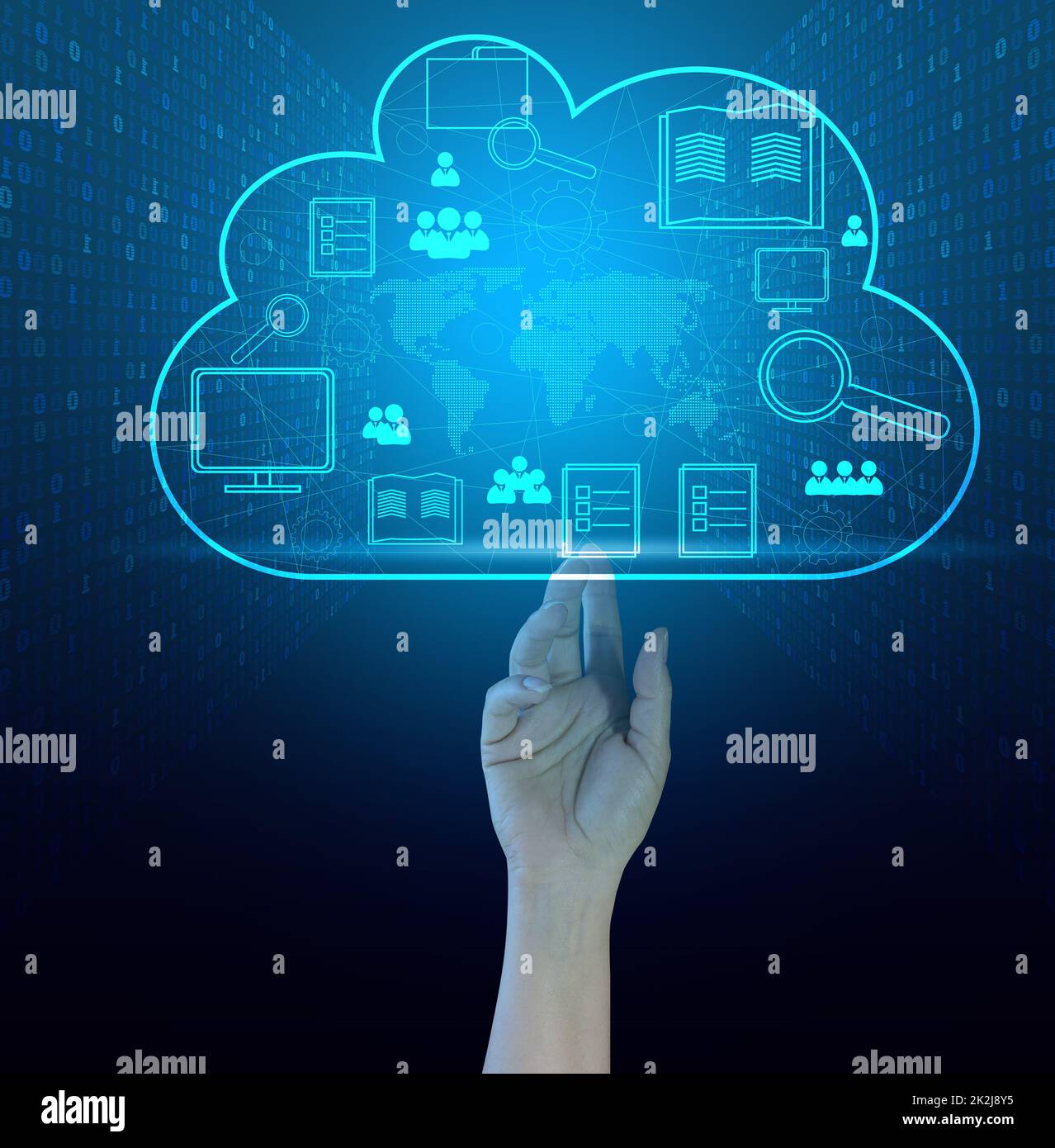 Cloud data storage and businessman's hand. Information exchange and secure data storage. Cloud server and high technology Stock Photo